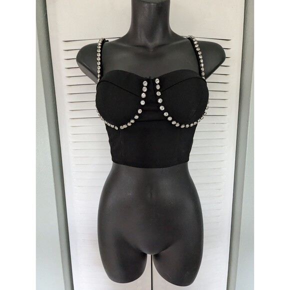 Haute Monde Cropped Bustier Top Large Rhinestones Bling Elastic Stretch Back - Picture 2 of 9